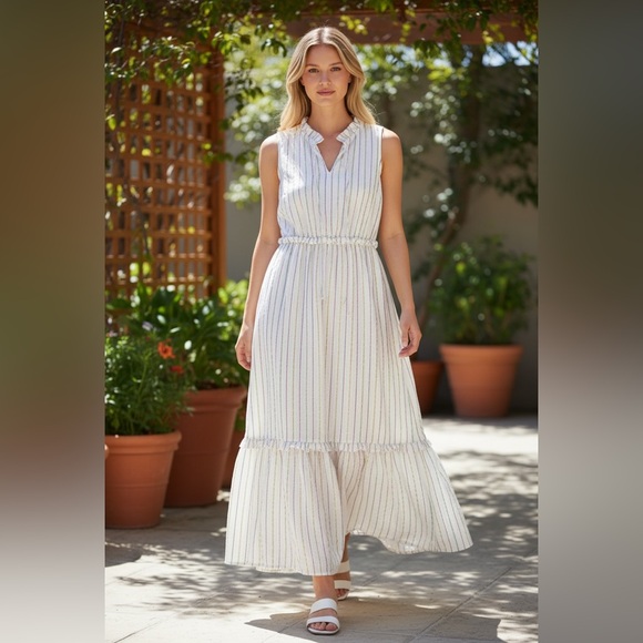 J. Crew Dresses & Skirts - J Crew‎ Dress Women's White Multi Metallic Shimmer Stripe Ruffle Trim Midi 10